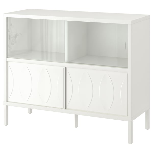 Armario blanco KALKNÄS, elegante y moderno, cuatro puertas, dos con cristal. Patrones en relieve, tableros de partículas de nido de abeja.