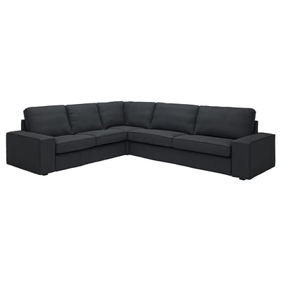KIVIK: moderno sofá modular en forma de L de color gris oscuro con cojines profundos y reposabrazos bajos para mayor comodidad y relajación.