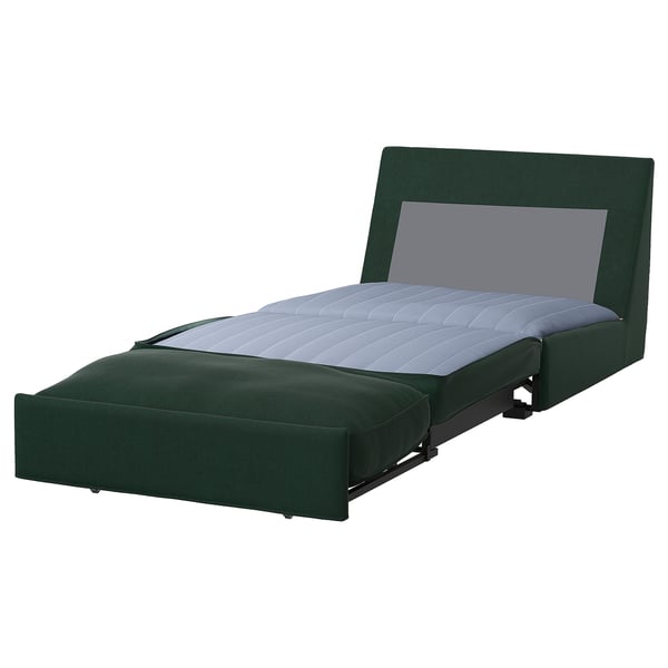 Sofá-cama KIVIK verde; Compacto, se convierte en cama, diseño moderno con colchón gris.