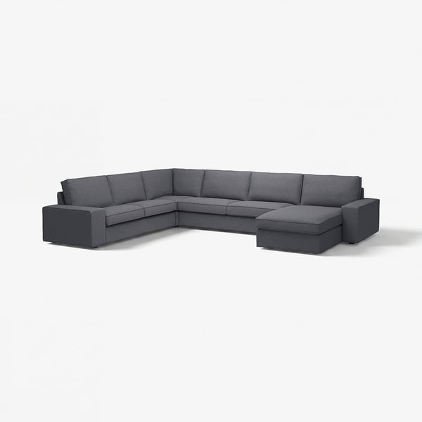 KIVIK sofá modular gris oscuro, diseño minimalista moderno, cojines profundos, reposabrazos bajos, distribución en las esquinas.