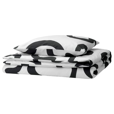 Funda nórdica KLIPPBRÄCKA, negro/blanco, mezcla 100% algodón, diseño geométrico, perfectamente doblado.