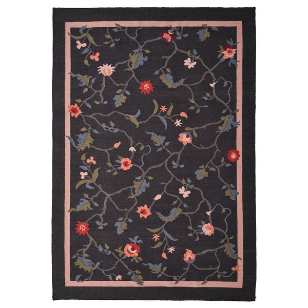 Alfombra KLOCKBUSKE: gris oscuro, floral, rectangular, lana tejida a mano.