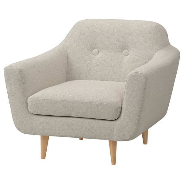 Silla KLUBBFORS, gris claro, de tela, redondeada, acogedora, con patas de madera.
