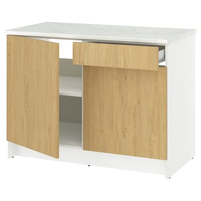 Mueble de cocina KNOXHULT, encimera de mármol blanco, cajones de roble. Diseño moderno y funcional con almacenamiento para cajones y armarios.