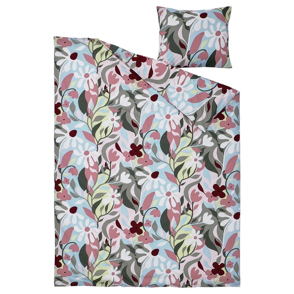Conjunto nórdico KORSKOVALL, estampado floral colorido, suave mezcla de algodón y viscosa. Incluye edredón y funda de almohada con cierre de botón.
