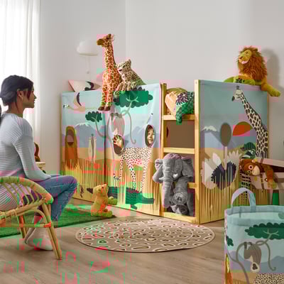 Cortinas de cama KURA con temática safari: poliéster, beige, turquesa, 3 paneles.