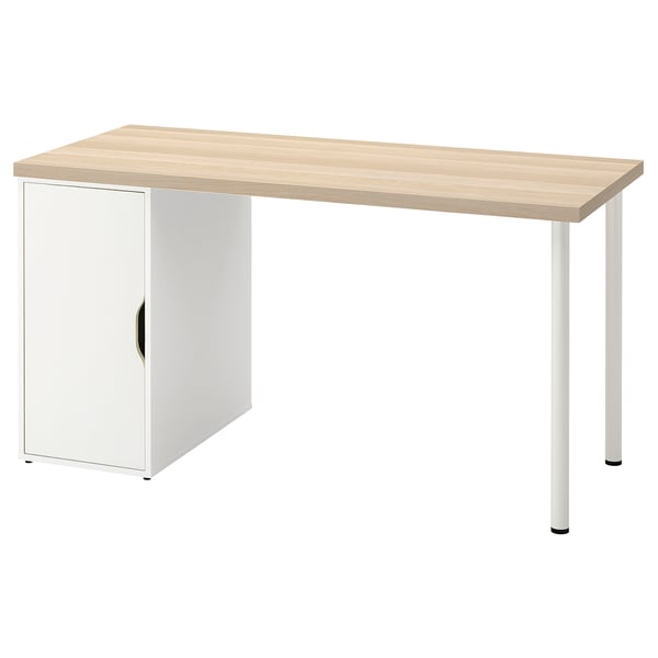 Un escritorio LAGKAPTEN en roble claro y blanco. Tiene una forma simple y rectangular con un solo gabinete para el almacenamiento. El diseño es moderno y funcional.