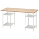 Mesa de trabajo LAGKAPTEN: tapa de madera clara, patas de metal blanco con estantes de malla.