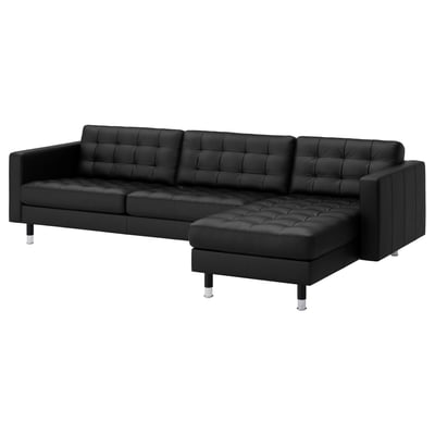 Sofá Landsrona de cuero negro, diseño moderno con mechones, patas cromadas, en forma de L.