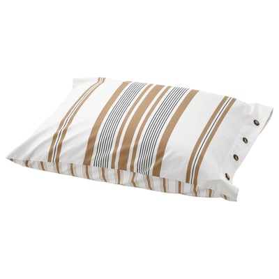 Una funda de almohada de rayas beige y blancas con cierre de botón, confeccionada en algodón y viscosa.