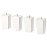 Cuatro patas de mueble cuadradas blancas con ajustadores metálicos, espaciadas uniformemente, diseño liso.