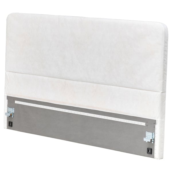 El cabecero LAXHÖJDEN es blanco, rectangular, con funda de tela y soportes metálicos.