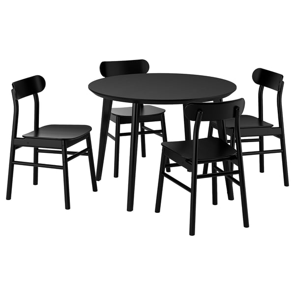 Un juego de comedor LISABO negro con una mesa redonda y cuatro sillas, fabricado en madera con un diseño moderno.