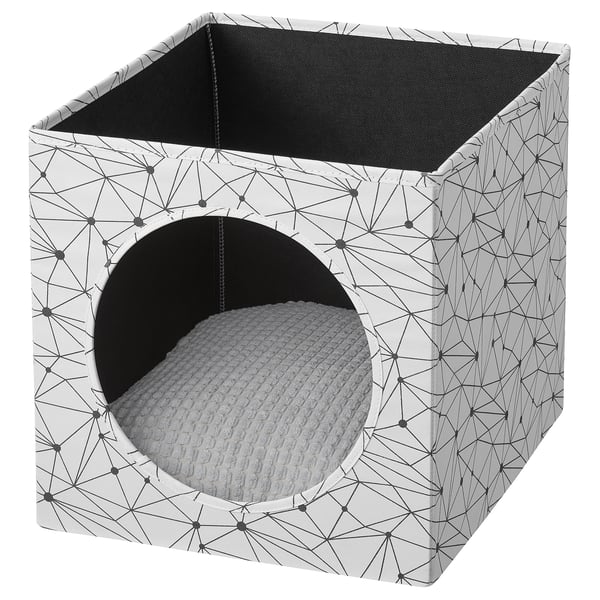 LURVIG Caseta gato+cojín, blanco/gris claro, 33x38x33 cm