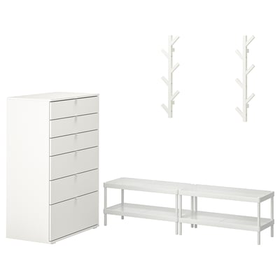 Set MACKAPÄR de Ikea: cómoda de 6 cajones, zapatero de 2 estantes, 2 colgadores de pared. Diseño moderno y minimalista.