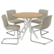 Una mesa de comedor redonda de madera rodeada por cuatro sillas acolchadas de color beige con patas en voladizo cromado. Es moderno y cómodo.