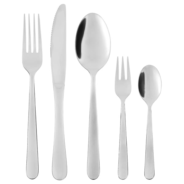 Juego de cubiertos de acero inoxidable: tenedor, cuchillo, cucharas grandes/pequeñas. Plata, diseño clásico para uso formal/casual.