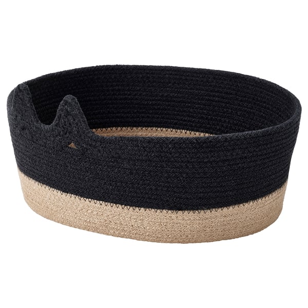 Cesta de almacenamiento de yute y algodón trenzado negro y beige, forma ovalada con diseño decorativo.