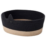 Cesta de almacenamiento de yute y algodón trenzado negro y beige, forma ovalada con diseño decorativo.