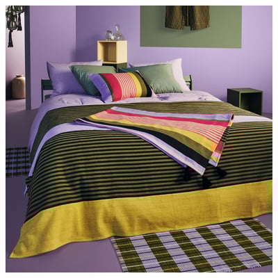 Muestra una colcha MÄVINN extendida sobre una cama, con rayas de colores y una textura afelpada. Paredes moradas y elementos decorativos lo rodean.