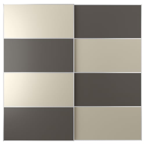 Puerta MEHAMN: diseño de 6 paneles, 3 beige claro, 3 gris oscuro, rectangular, tablero de fibra, riel de aluminio.