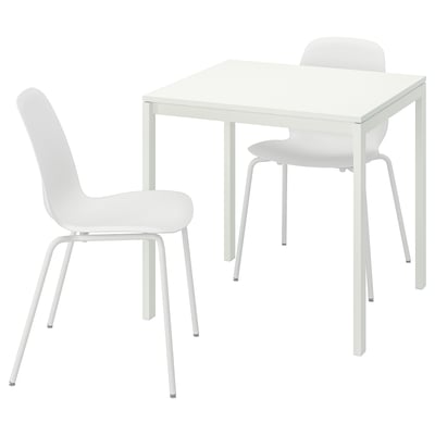 Juego de comedor MELLTORP blanco con mesa cuadrada y dos sillas con respaldo curvo.