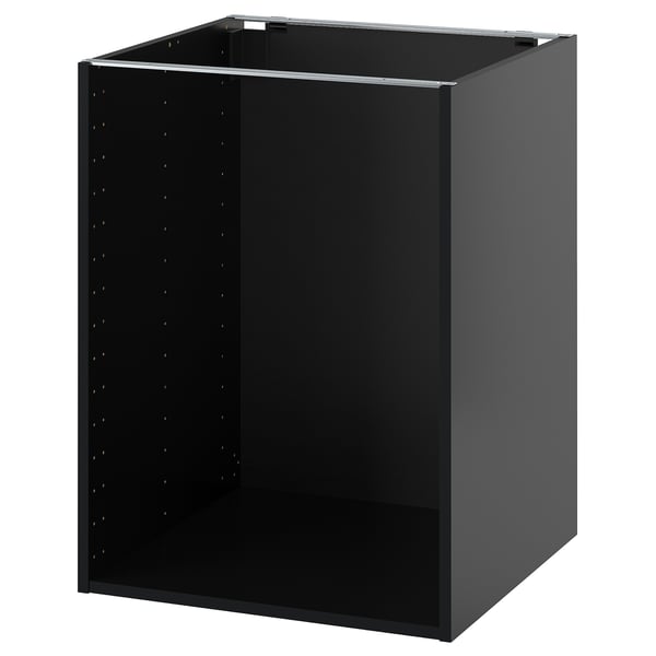 Un mueble bajo de cocina METOD negro. Es independiente, de forma cuadrada con una parte superior plana, con potencial para el almacenamiento organizado en la cocina.