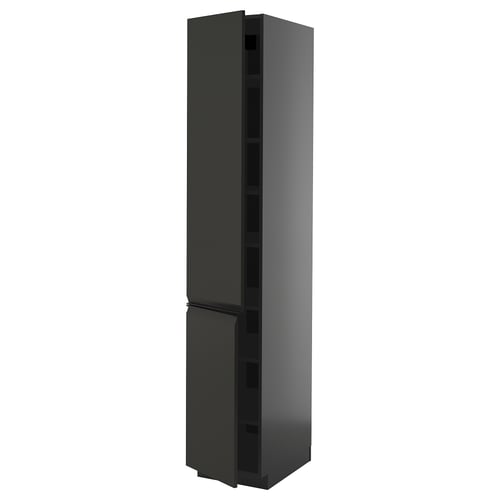 Moderno mueble de cocina alto negro con puertas elegantes, estantes ajustables y acabado mate minimalista.