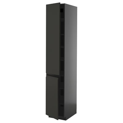 Moderno mueble de cocina alto negro con puertas elegantes, estantes ajustables y acabado mate minimalista.