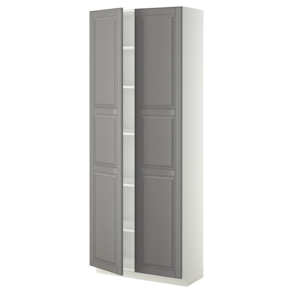 Mueble de cocina METOD gris suave, alto con estantes ajustables, bordes biselados, 2 puertas, interior blanco.