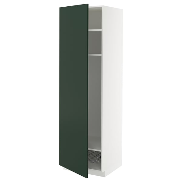 Mueble de cocina METOD blanco con puerta verde, estante de alambre, bisagra a la derecha.