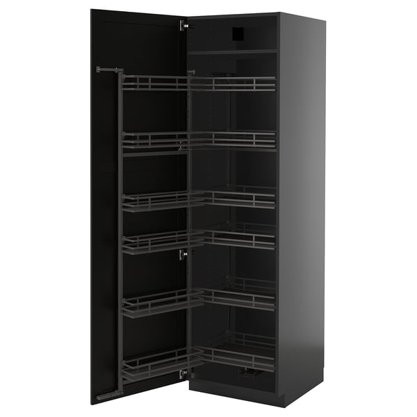Mueble de cocina alto negro con múltiples estantes extraíbles y diseño elegante.