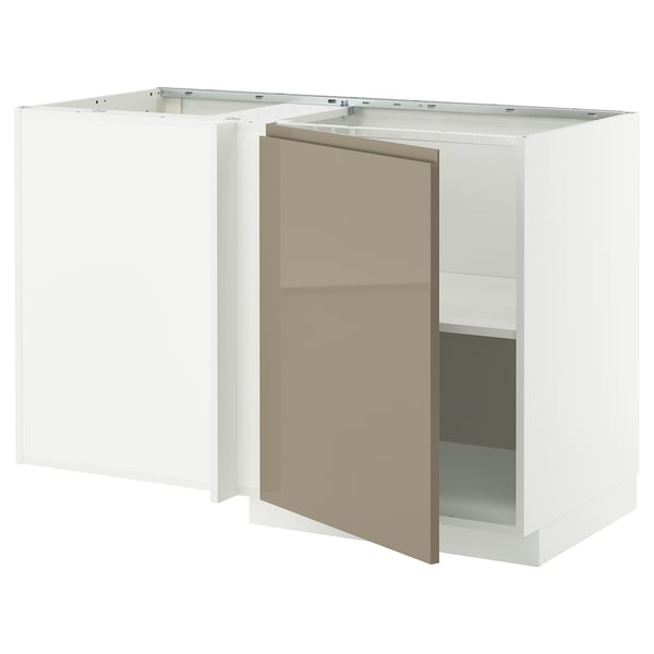 Moderno mueble de cocina esquinero blanco con puerta beige abierta.