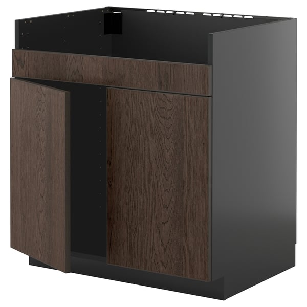 Mueble de cocina moderno, negro y marrón oscuro, cuadrado, con puertas de madera.