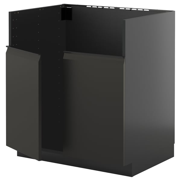 Mueble de cocina negro, diseño moderno, forma cuadrada, acabado brillante, construcción robusta.