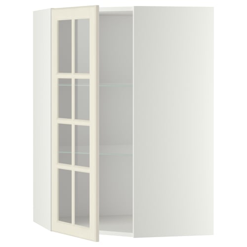 Un mueble esquinero de cocina METOD blanco con puertas de cristal, de diseño tradicional con estantes ajustables.
