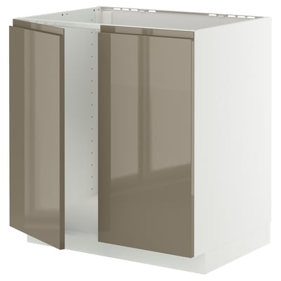 Mueble de cocina moderno, blanco METOD, puertas marrón grisáceo oscuro brillantes, diseño elegante, manijas metálicas, marco resistente.