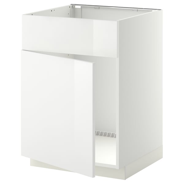 Mueble de cocina blanco de alto brillo, rectangular con secciones superior e inferior abiertas.