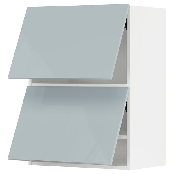 Moderno compartimento de cocina blanco con puertas gris-azul brillantes, forma rectangular, diseño elegante.