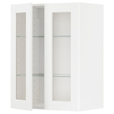 Mueble de cocina METOD blanco con puertas de cristal y estantes ajustables.