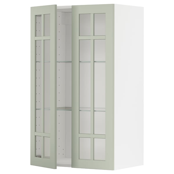 Mueble de cocina METOD de ikea verde salvia con puertas de cristal y estantes ajustables.