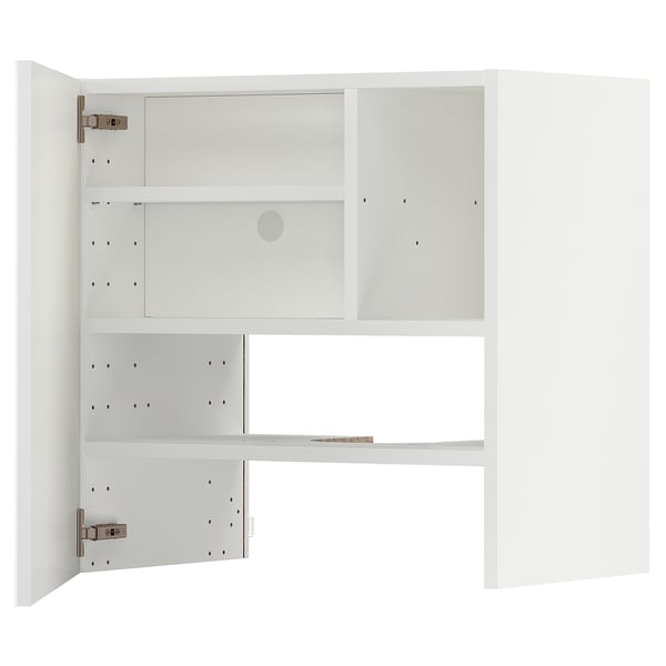 Moderno mueble de cocina blanco con dos estantes, bisagras metálicas y estante ajustable, opción de puerta a la izquierda.