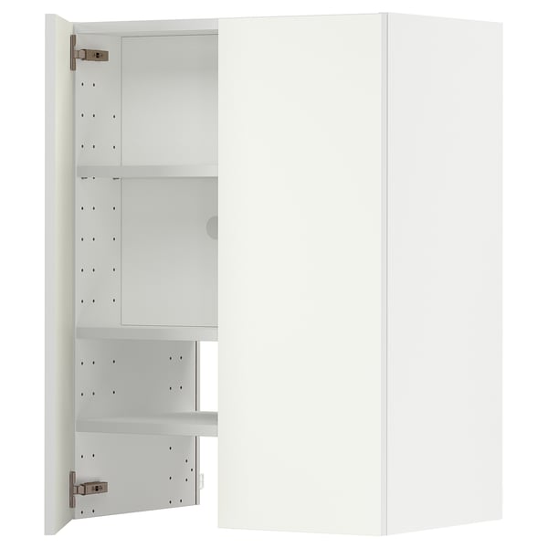Mueble de cocina METOD blanco con estantes ajustables y puerta abatible abierta.