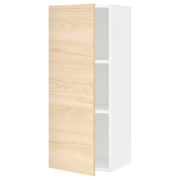 Mueble blanco moderno con puerta de madera clara, estante ajustable, bisagra a presión.