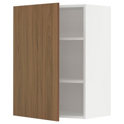 Mueble de cocina blanco moderno con puerta de nogal. Forma cuadrada, acabado liso, una sola puerta, dos estantes.