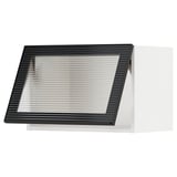 Mueble de cocina moderno negro con puerta de vidrio esmerilado, elegante marco de metal.