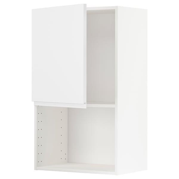 Esta imagen muestra un mueble de pared blanco METOD de ikea con un diseño minimalista. El armario tiene forma cuadrada y estantes ajustables.