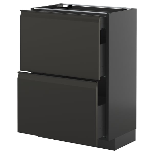 Mueble de cocina moderno negro, dos cajones grandes, elegante diseño sin tirador, acabado brillante.