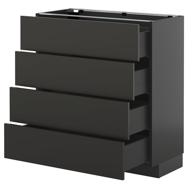 Mueble de cocina negro con cuatro cajones abiertos. Diseño moderno y elegante. Acabado oscuro. Forma parte del sistema de cocina METOD.