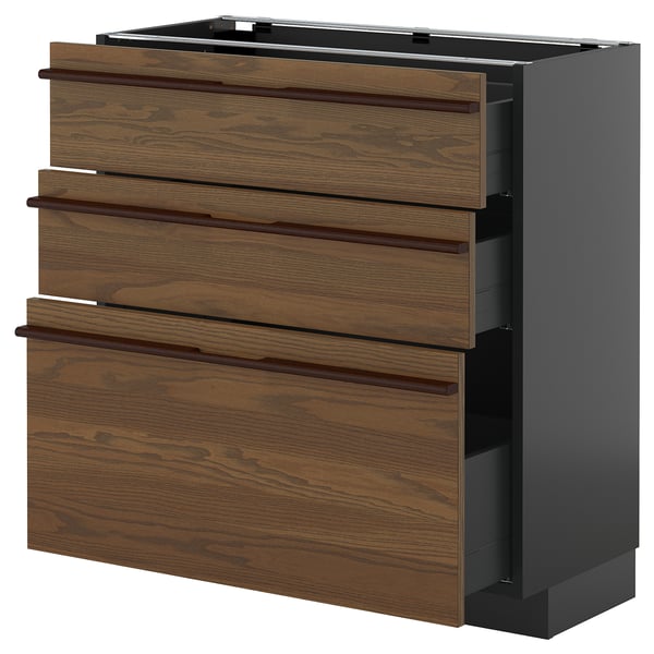 Mueble de cocina de madera: marrón oscuro, cuatro cajones, base gris, moderno y elegante.